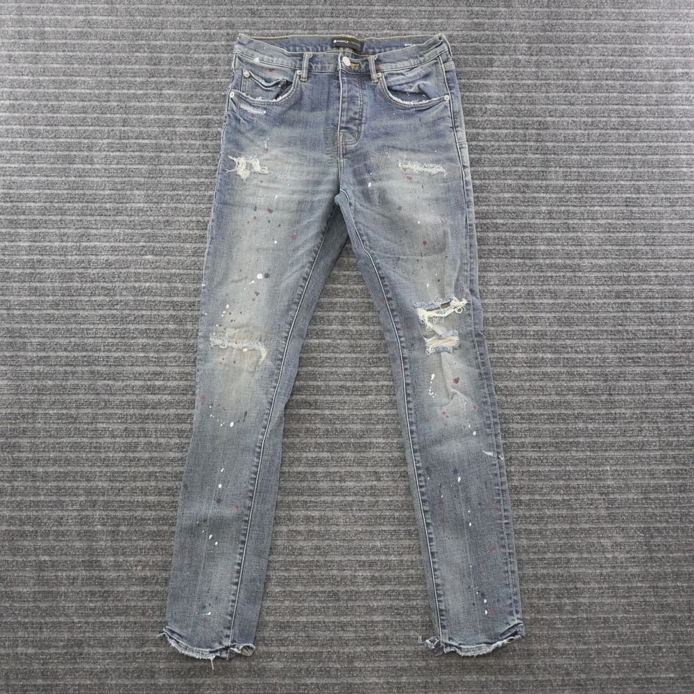 Purple Brand Jeans Mens 31 Blue Distressed Paint Splatter Slim Fit P001